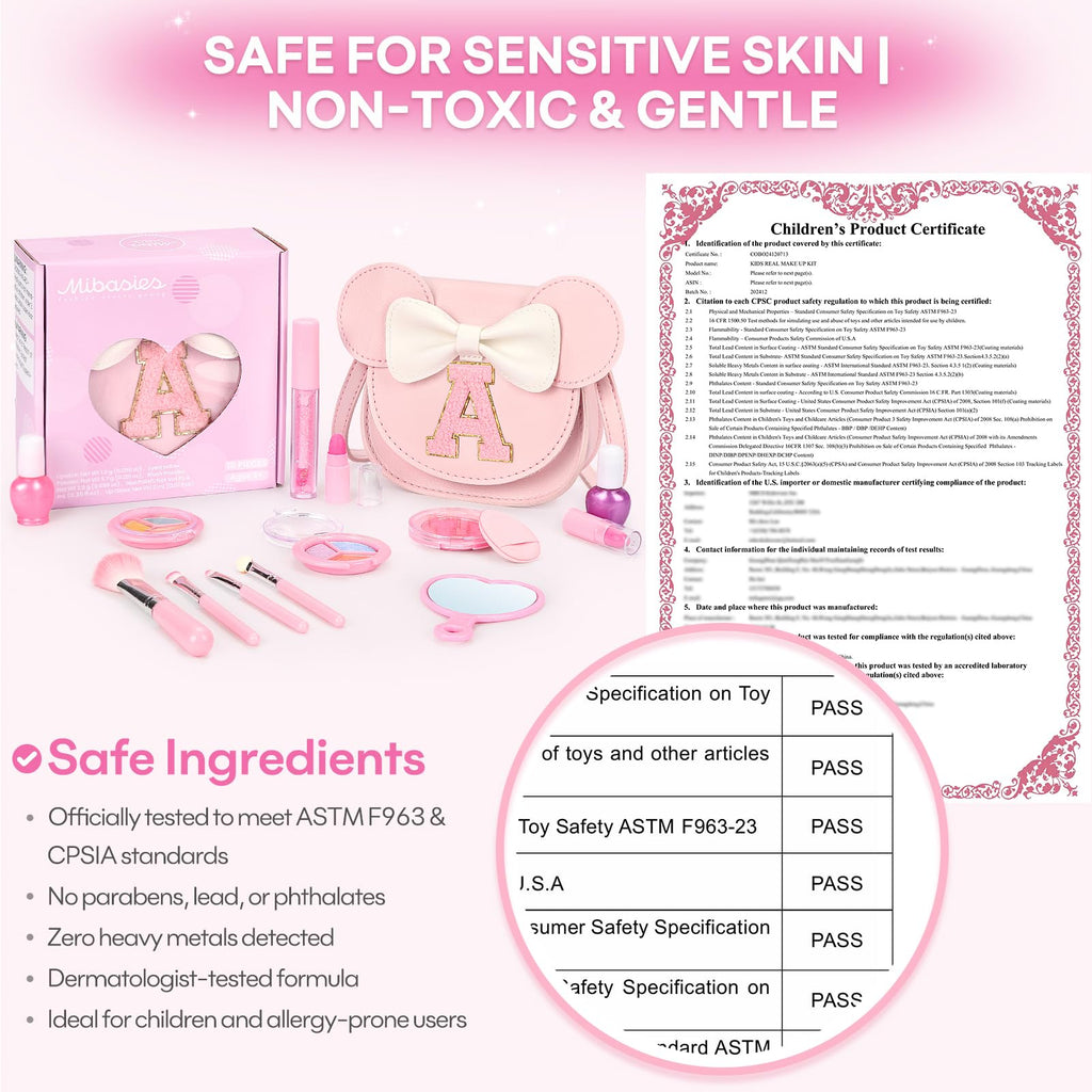 mibasies 15-Piece Kids Makeup Kit for Girls – Washable, Non-Toxic Cosmetics with Crossbody Purse, Birthday Gift for Ages 3-10, Pink