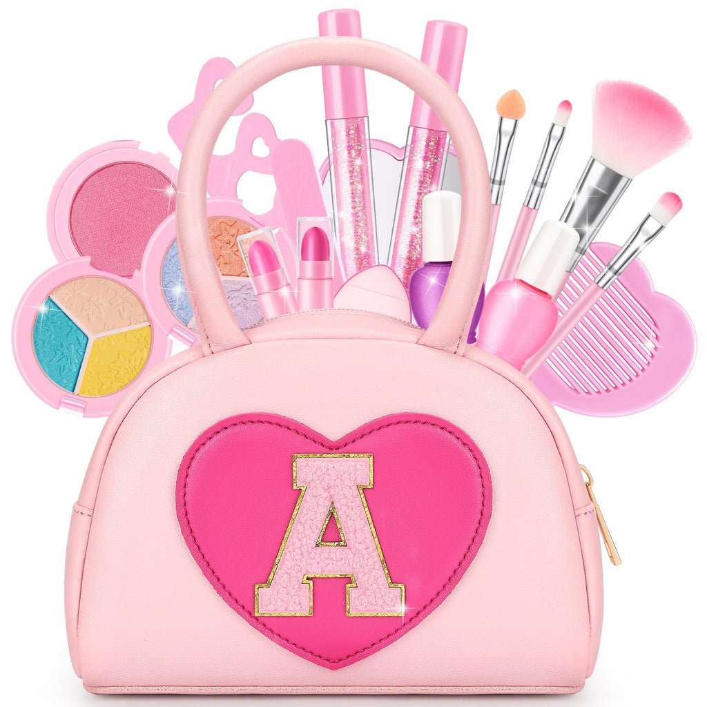 mibasies Kids Washable Makeup Kit – 18 Pcs Non-Toxic Real Play Makeup for Girls 3-10, Pink Heart Purse