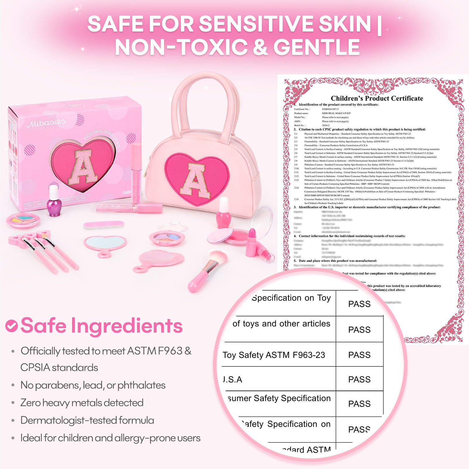 mibasies Kids Washable Makeup Kit – 18 Pcs Non-Toxic Real Play Makeup for Girls 3-10, Pink Heart Purse