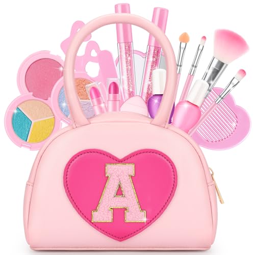 mibasies Kids Washable Makeup Kit – 18 Pcs Non-Toxic Real Play Makeup for Girls 3-10, Pink Heart Purse