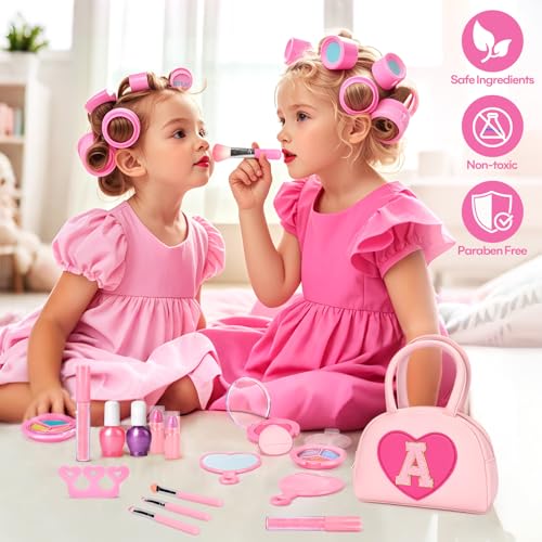 mibasies Kids Washable Makeup Kit – 18 Pcs Non-Toxic Real Play Makeup for Girls 3-10, Pink Heart Purse