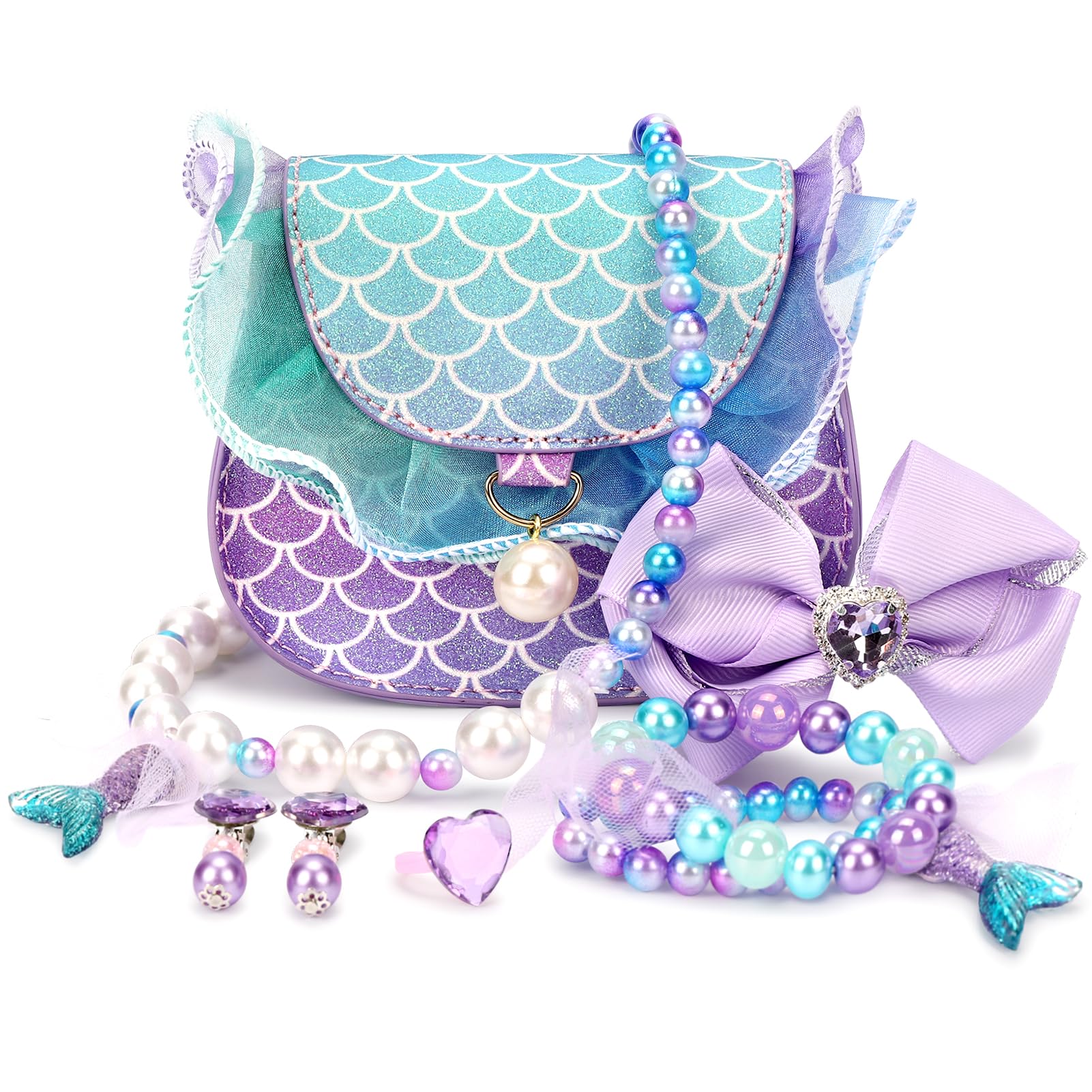 mibasies Mermaid Toddler Purse Set with Jewelry for Girls Ages 3-8