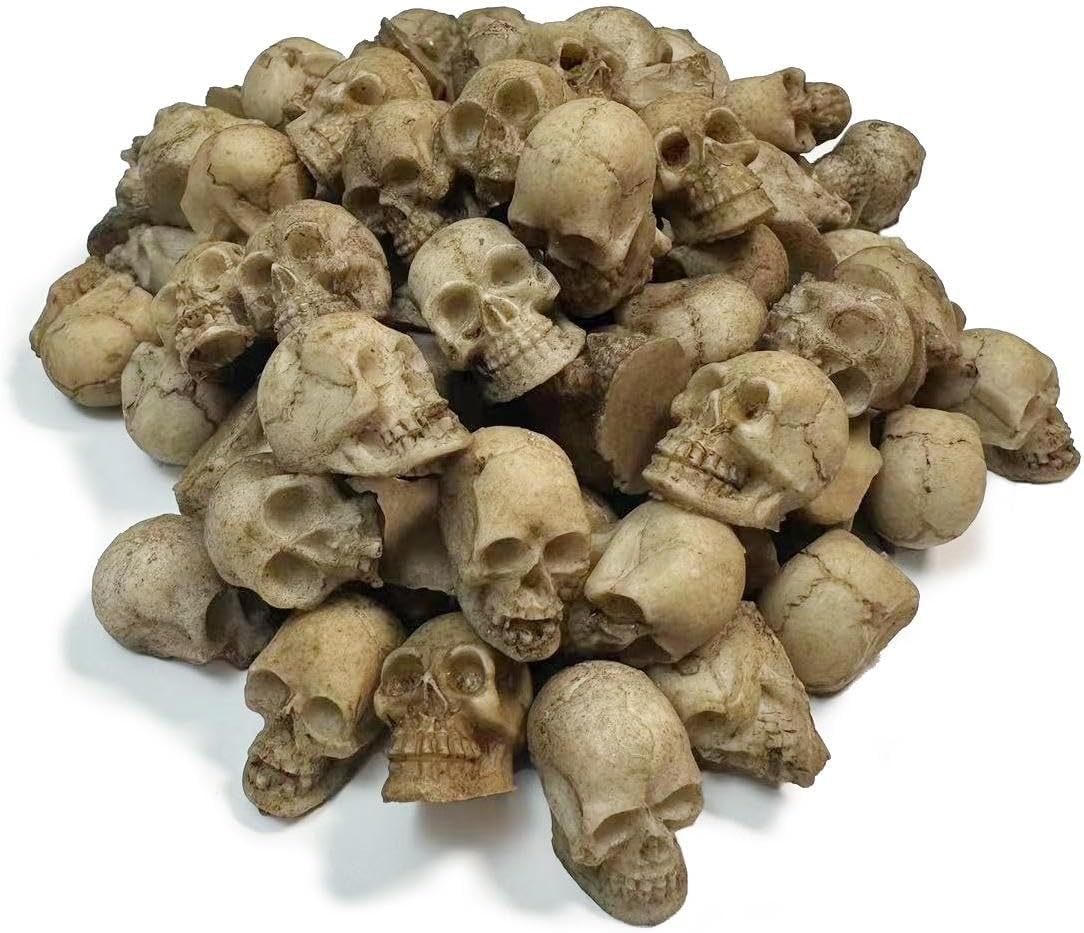 Mikily's 32-Pack Mini Skull Figurines – Resin Skeleton Head Cake Toppers for Halloween Party Supplies