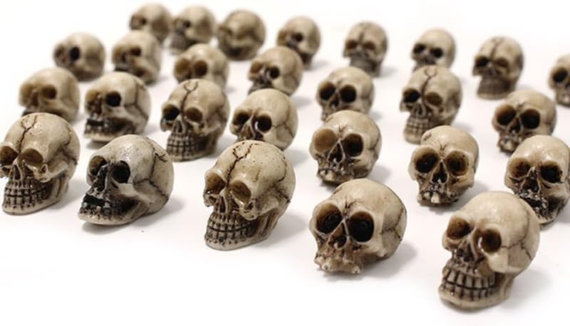 Mikily's 32-Pack Mini Skull Figurines – Resin Skeleton Head Cake Toppers for Halloween Party Supplies