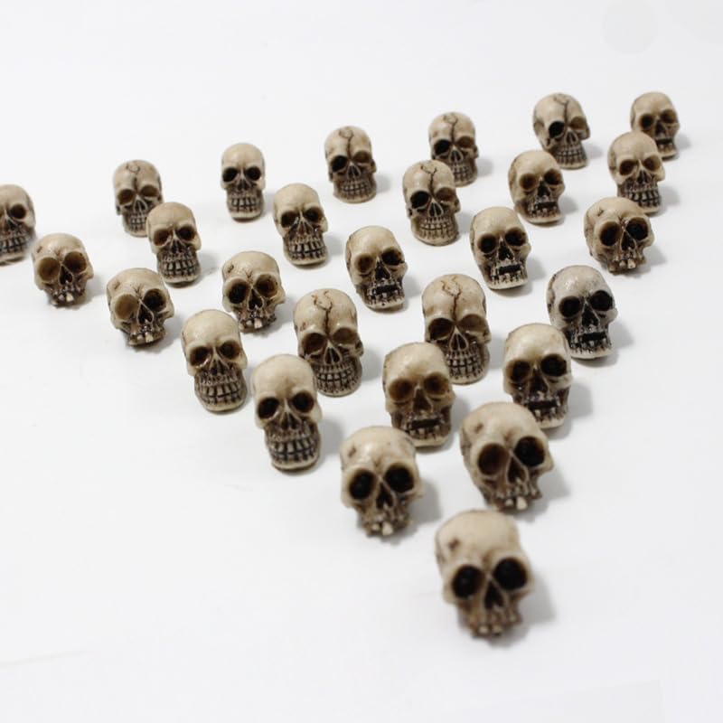 Mikily's 32-Pack Mini Skull Figurines – Resin Skeleton Head Cake Toppers for Halloween Party Supplies