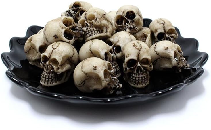 Mikily's 32-Pack Mini Skull Figurines – Resin Skeleton Head Cake Toppers for Halloween Party Supplies