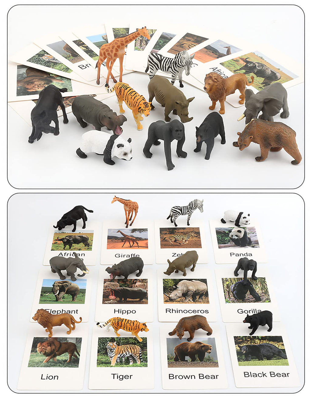 MIKNEKE Montessori Animal Figurines with Matching Flash Cards - 12 Realistic Zoo Animals for Toddlers