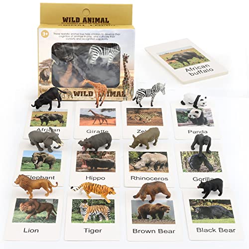 MIKNEKE Montessori Animal Figurines with Matching Flash Cards - 12 Realistic Zoo Animals for Toddlers
