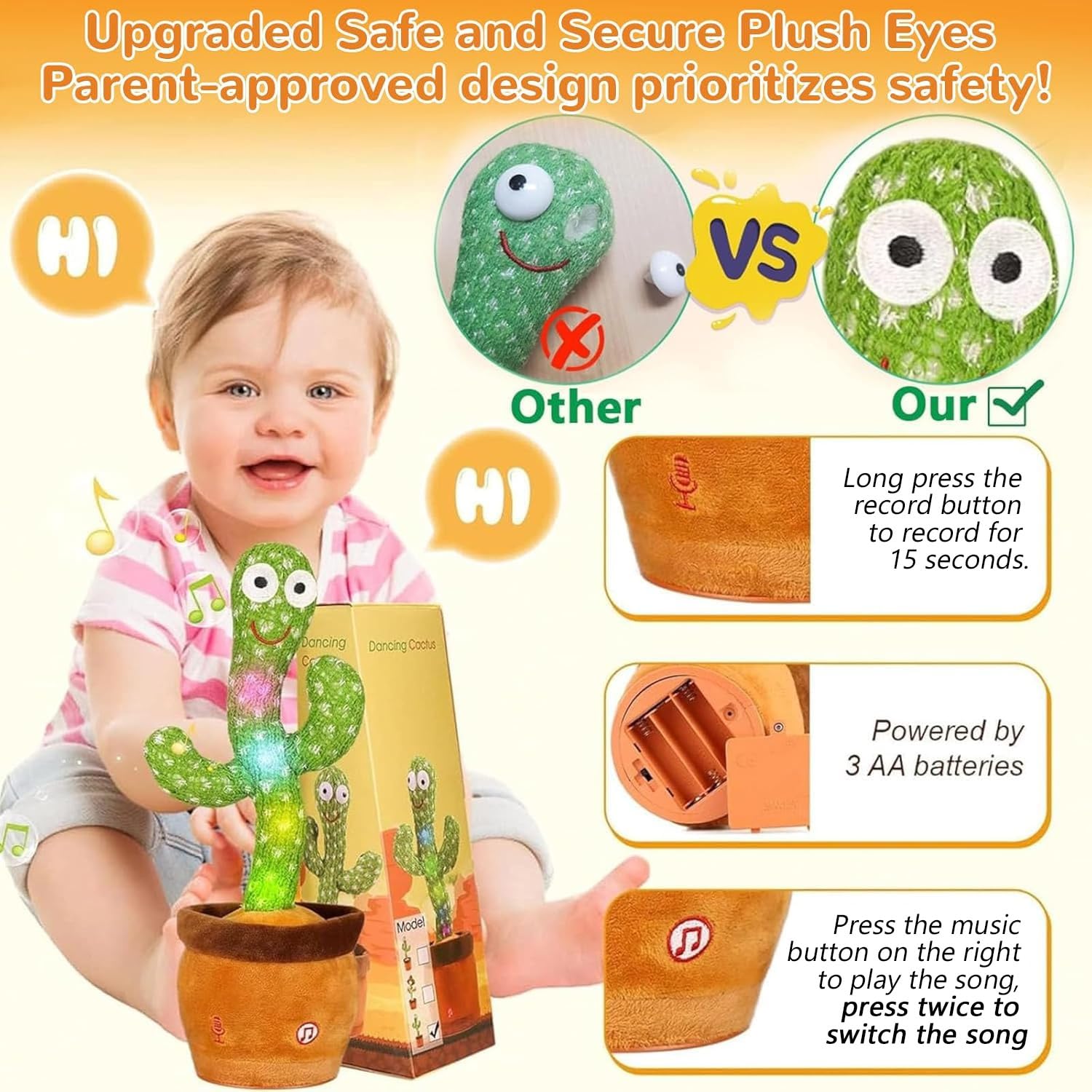MILEGI Dancing Talking Cactus Toy - Interactive Plush with Recording, Mimicking, LED Lights for Babies and Toddlers