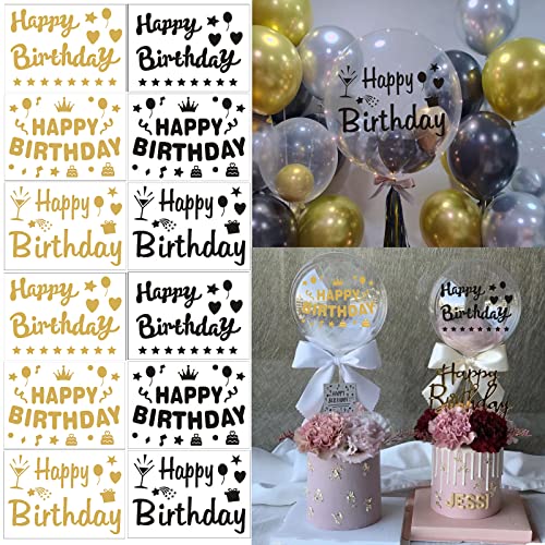 Mimeile 12-Piece Gold & Black Happy Birthday Balloon Stickers – Self-Adhesive PVC Decals for 18-36 Inch Balloons, Walls, and Gift Boxes
