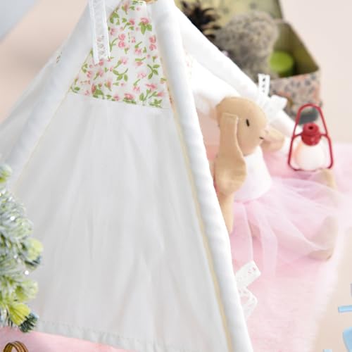 Minamzee 1:12 Dollhouse Camping Bed Tent with Carpet - Mini Pink Lace Tent for Dollhouse Furniture (White)