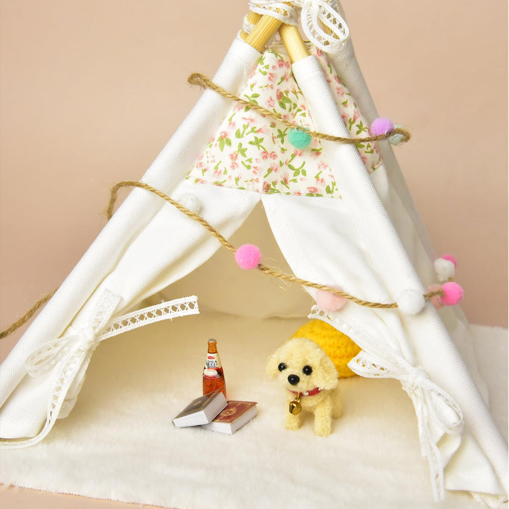 Minamzee 1:12 Dollhouse Camping Bed Tent with Carpet - Mini Pink Lace Tent for Dollhouse Furniture (White)