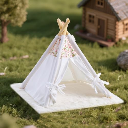 Minamzee 1:12 Dollhouse Camping Bed Tent with Carpet - Mini Pink Lace Tent for Dollhouse Furniture (White)
