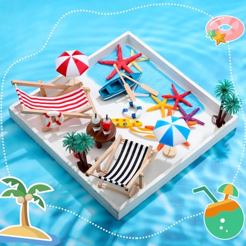 Minatee 25-Piece Beach Miniature Dollhouse Decoration Set – Palm Trees, Umbrellas, Chairs, and More for DIY Gardens and Sandboxes (Red/Black)
