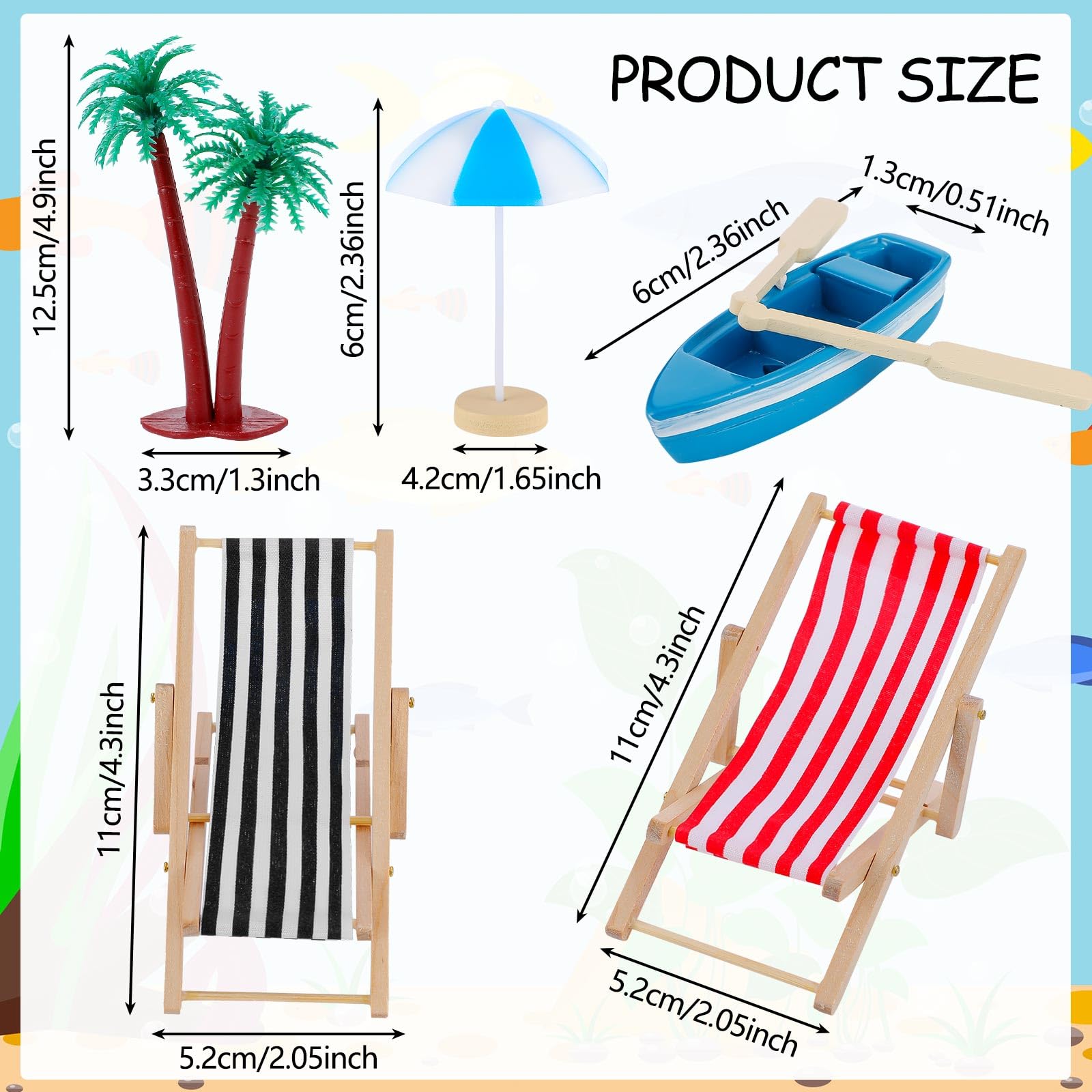 Minatee 25-Piece Beach Miniature Dollhouse Decoration Set – Palm Trees, Umbrellas, Chairs, and More for DIY Gardens and Sandboxes (Red/Black)