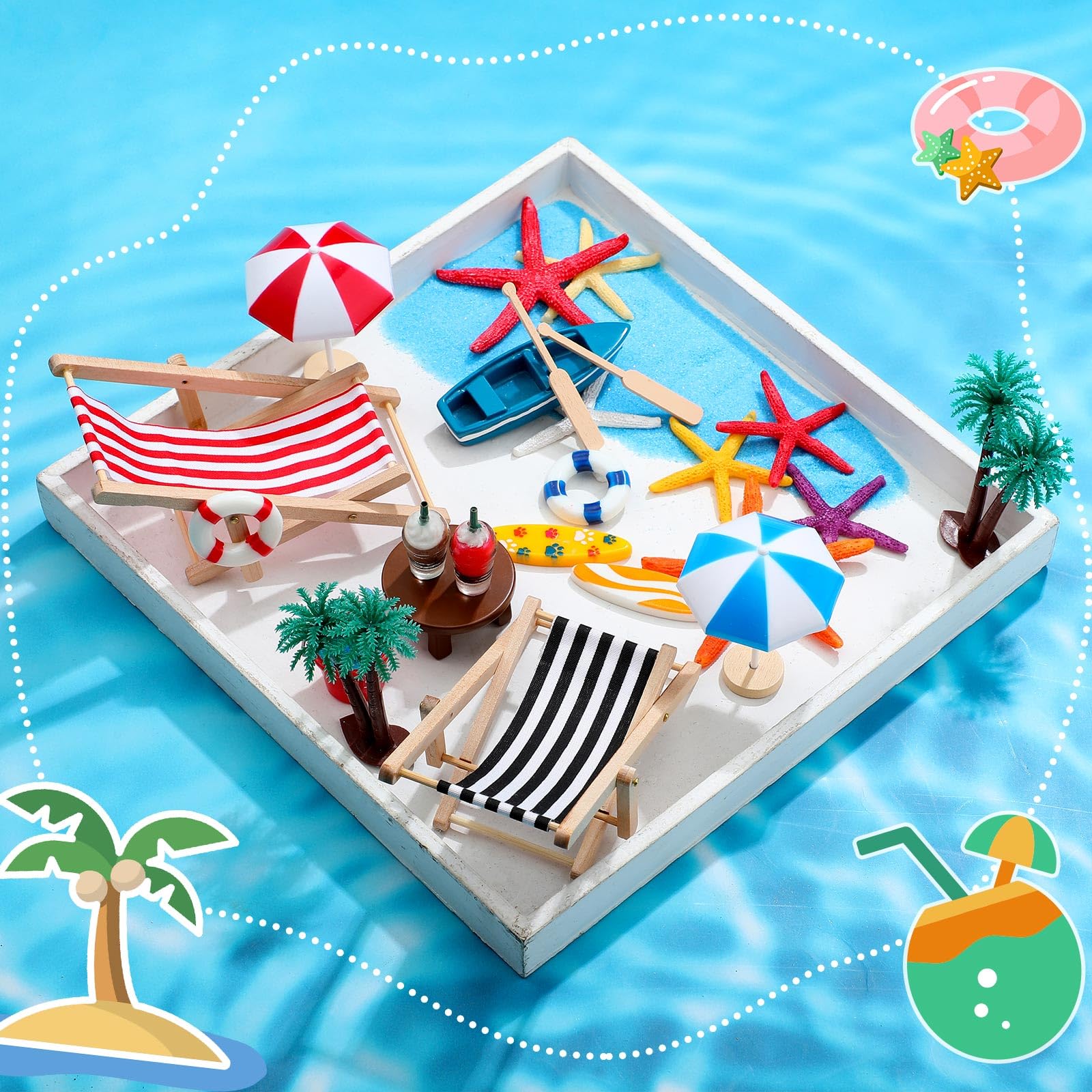 Minatee 25-Piece Beach Miniature Dollhouse Decoration Set – Palm Trees, Umbrellas, Chairs, and More for DIY Gardens and Sandboxes (Red/Black)