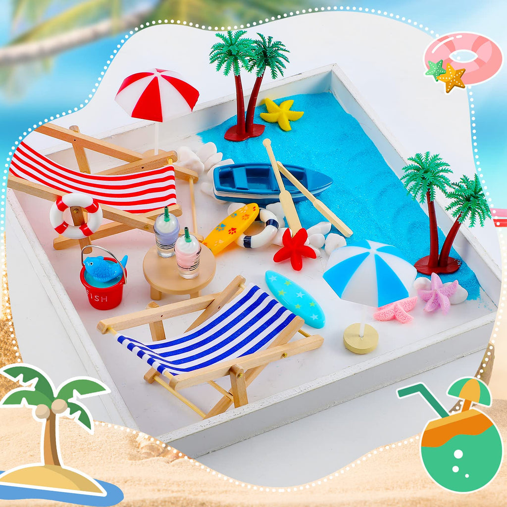 Minatee 25-Piece Beach Miniature Dollhouse Set with Palm Tree, Umbrella, and Surfboard