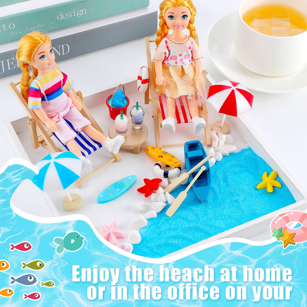 Minatee 25-Piece Beach Miniature Dollhouse Set with Palm Tree, Umbrella, and Surfboard