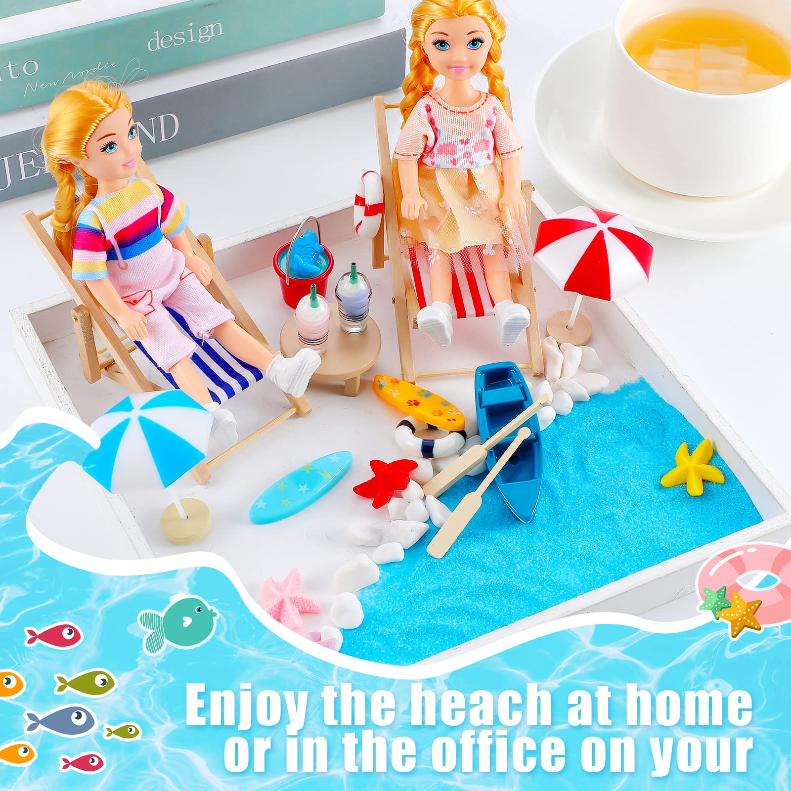 Minatee 25-Piece Beach Miniature Dollhouse Set with Palm Tree, Umbrella, and Surfboard