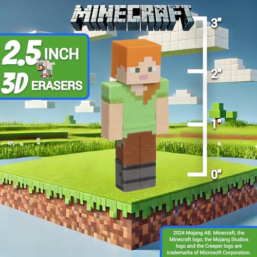 Mine Craft 3D Eraser Collector Set - 6-Pack with 12 Iconic Characters (Steve, Creeper, Alex) Officially Licensed