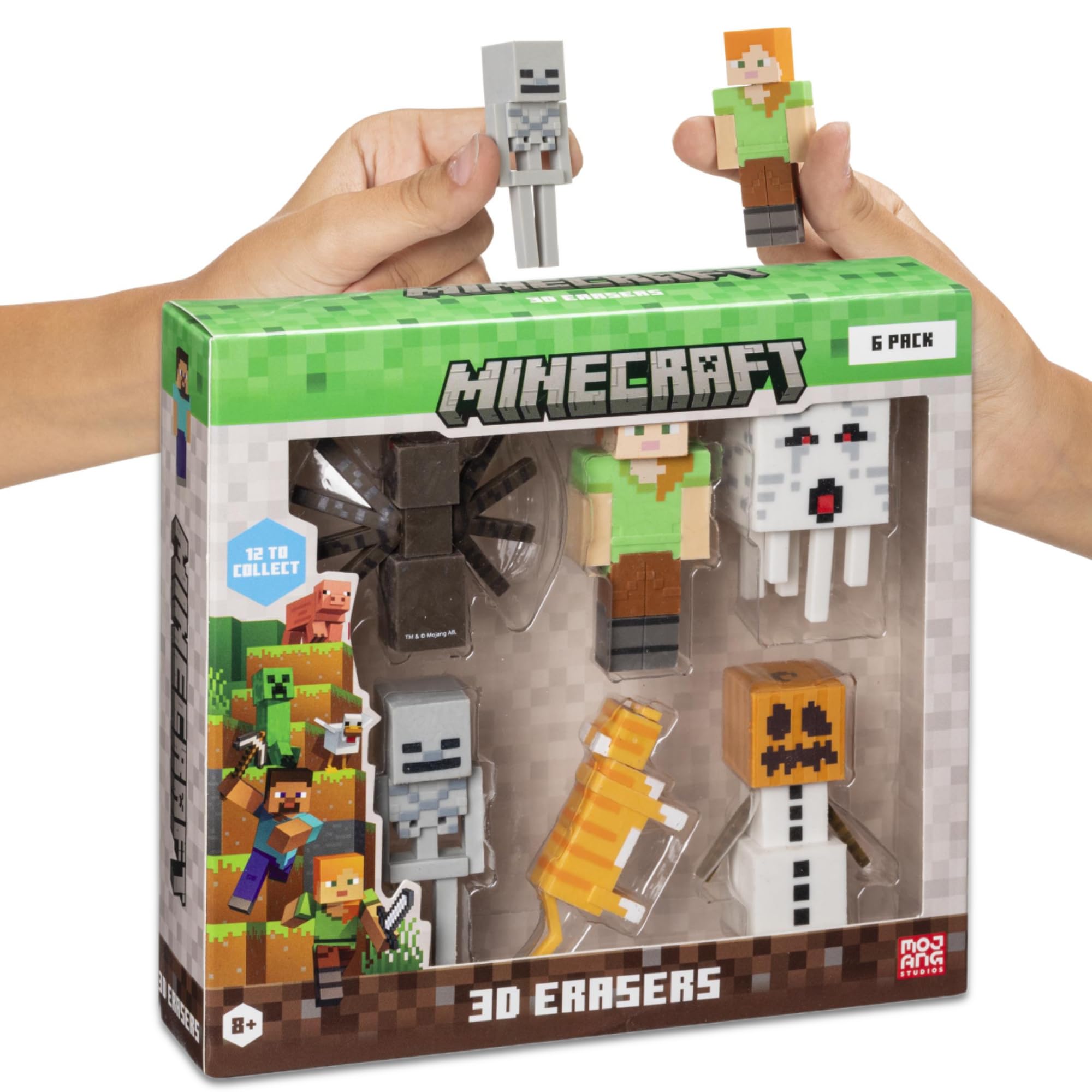 Mine Craft 3D Eraser Collector Set - 6-Pack with 12 Iconic Characters (Steve, Creeper, Alex) Officially Licensed