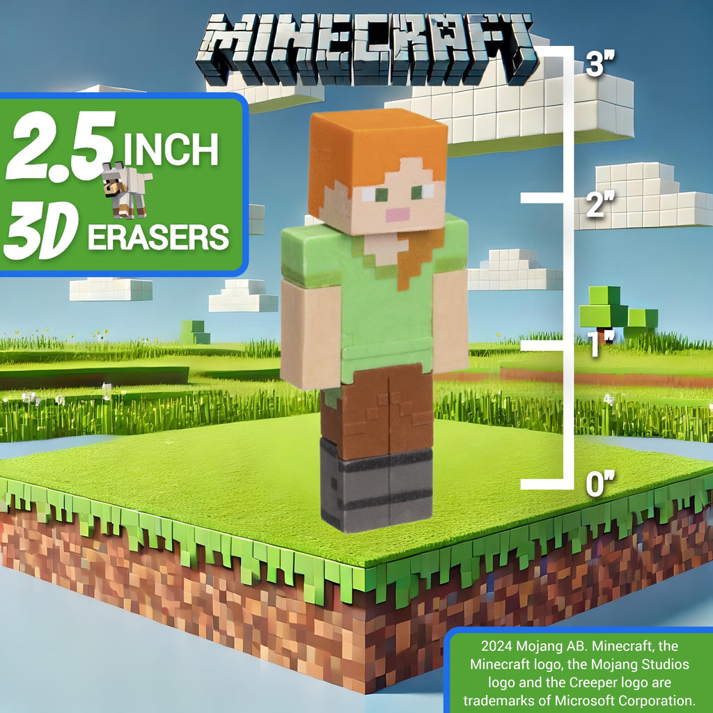 Mine Craft 3D Eraser Collector Set - 6-Pack with 12 Iconic Characters (Steve, Creeper, Alex) Officially Licensed
