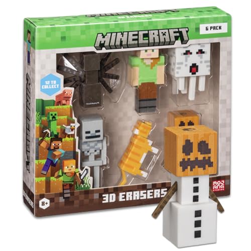 Mine Craft 3D Eraser Collector Set - 6-Pack with 12 Iconic Characters (Steve, Creeper, Alex) Officially Licensed