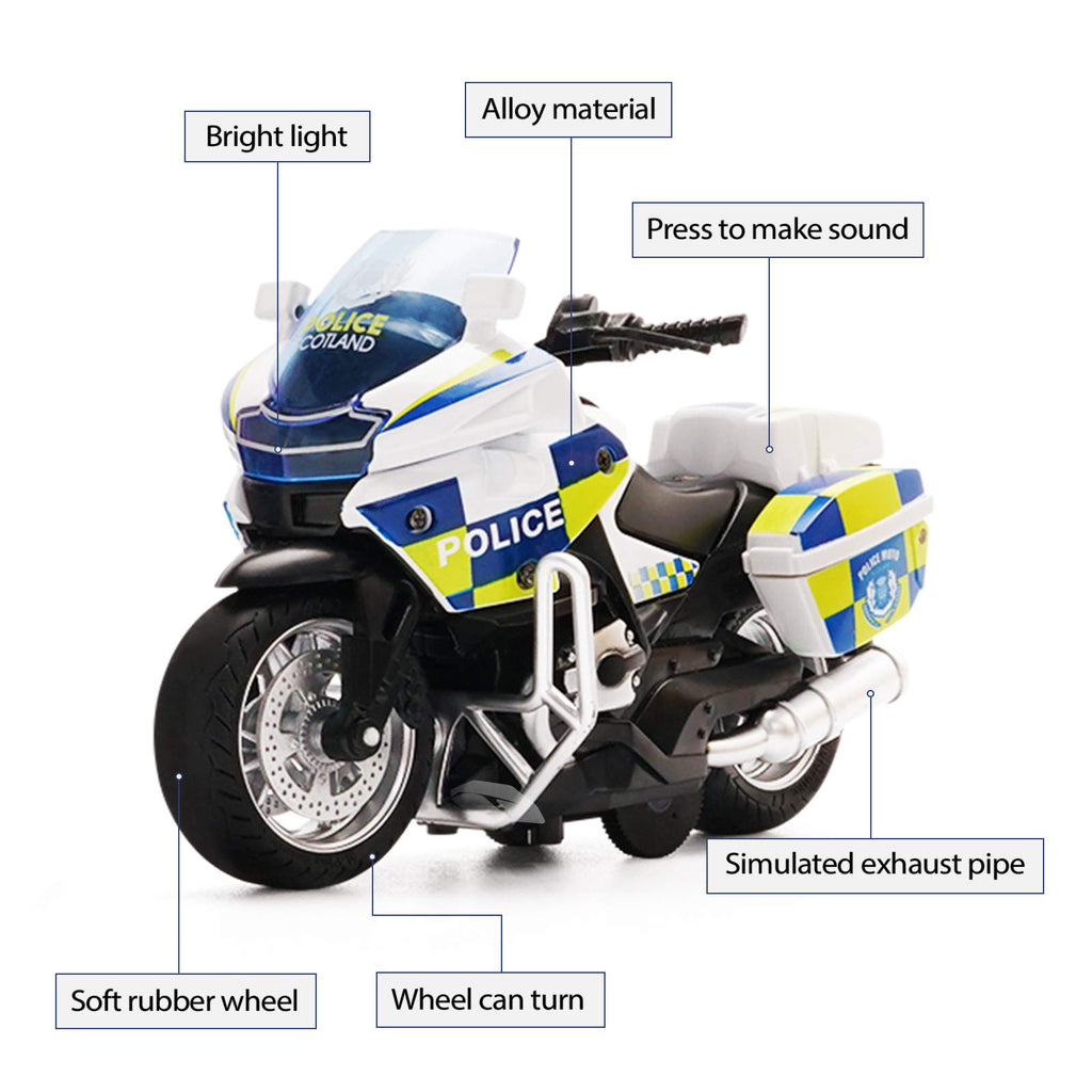 MING YING 66 Police Motorcycle Toy – Pull-Back with Sound & Light, White, for Ages 3-9