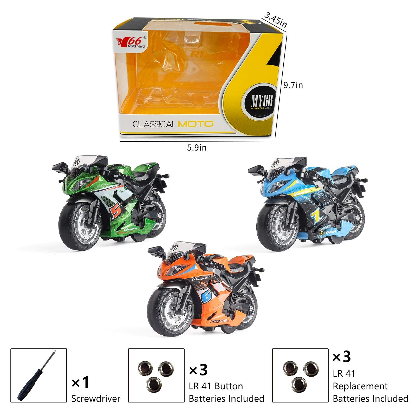 MING YING 66 Pull-Back Motorcycle Toy - Green, Lights & Sounds, for Boys Ages 3-9