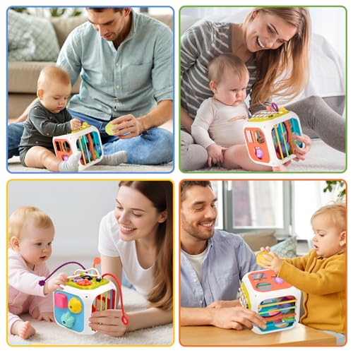 MINGKIDS 7-in-1 Montessori Activity Cube - Shape Sorter & Sensory Toy for Toddlers 1-3