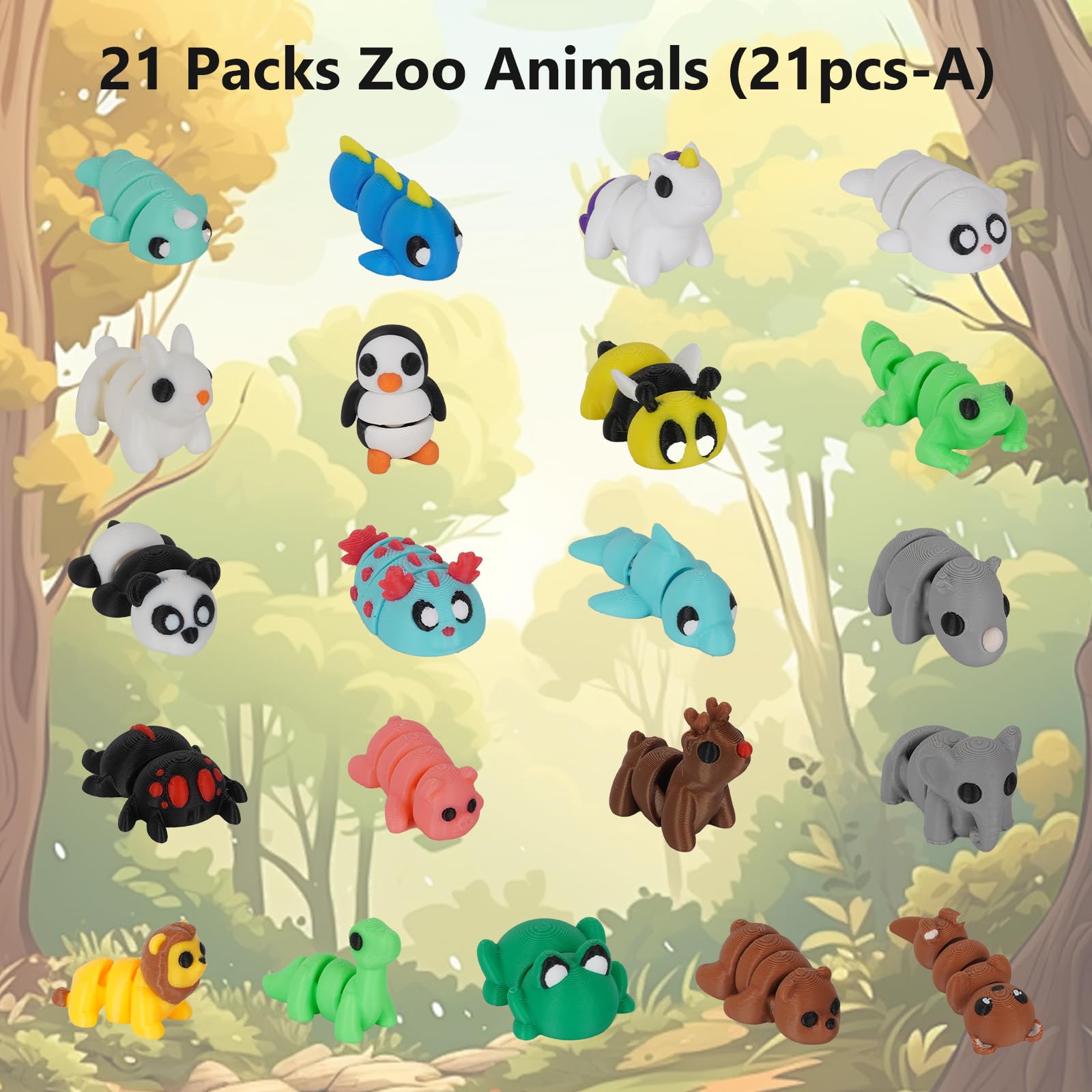 Mini 3D Printed Animals Set – 21-Piece Articulated Pocket Pets Fidget Toys, Flexible Tiny Animal Figurines for Desk Decoration, Easter Basket Stuffers & Gifts