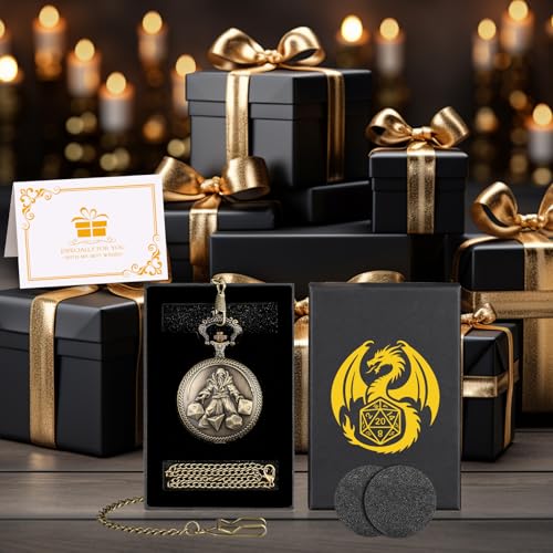 Mini DND Dice Set in Bronze Pocket Watch Case - 7 Polyhedral Metal Dice with Gift Box