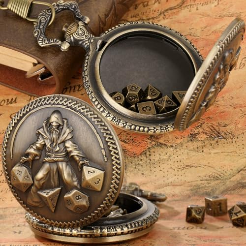Mini DND Dice Set in Bronze Pocket Watch Case - 7 Polyhedral Metal Dice with Gift Box