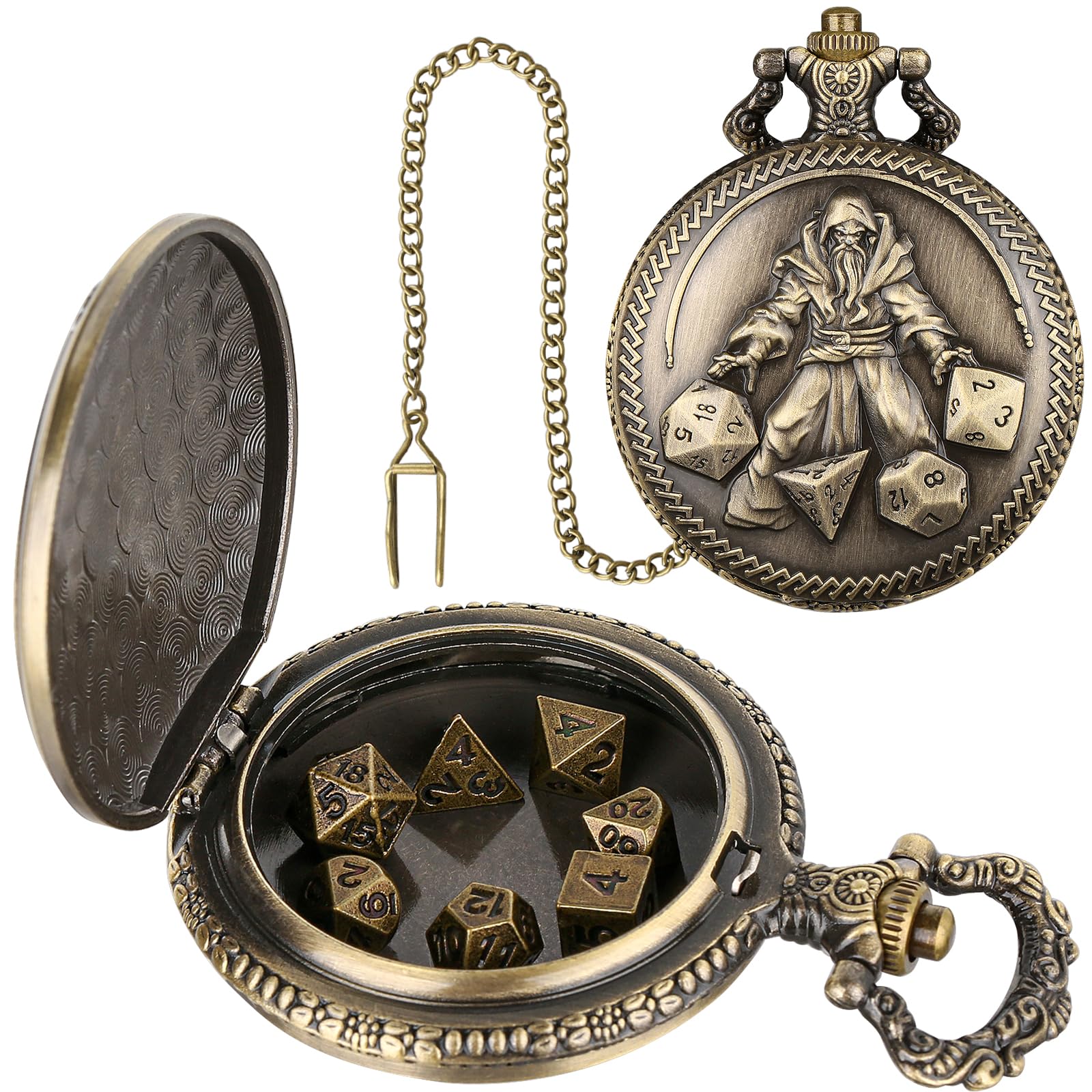 Mini DND Dice Set in Bronze Pocket Watch Case - 7 Polyhedral Metal Dice with Gift Box