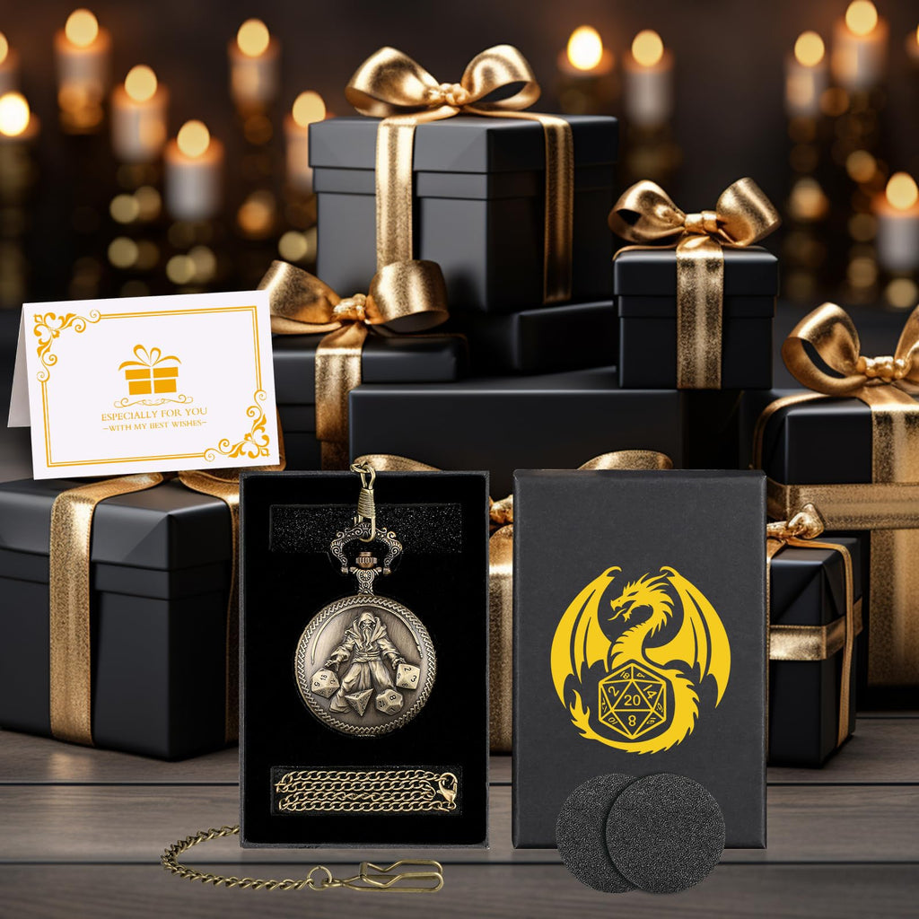 Mini DND Dice Set in Bronze Pocket Watch Case - 7 Polyhedral Metal Dice with Gift Box