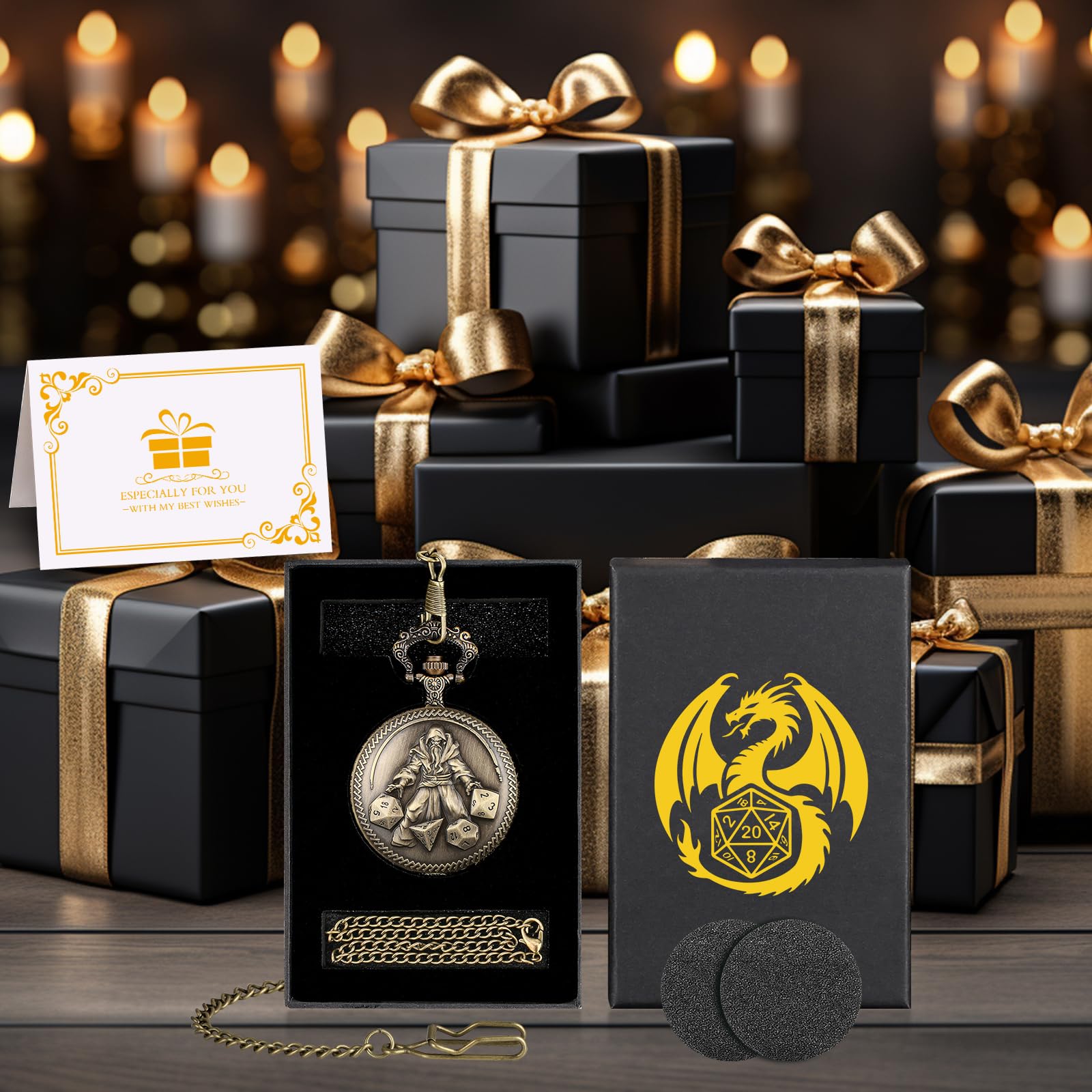 Mini DND Dice Set in Bronze Pocket Watch Case - 7 Polyhedral Metal Dice with Gift Box