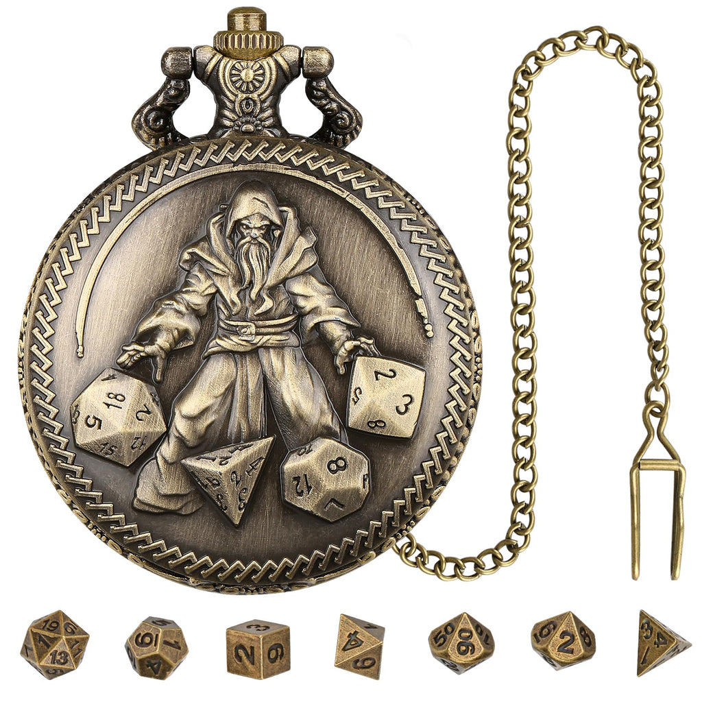 Mini DND Dice Set in Bronze Pocket Watch Case - 7 Polyhedral Metal Dice with Gift Box