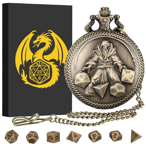 Mini DND Dice Set in Bronze Pocket Watch Case - 7 Polyhedral Metal Dice with Gift Box