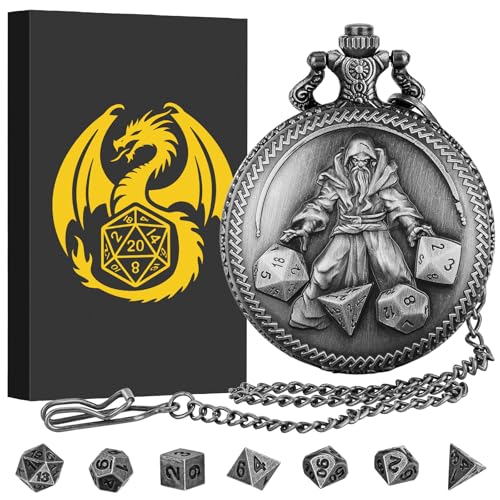 Mini DND Dice Set in Pocket Watch Case - 7 Polyhedral Metal Dice, Dark Silver