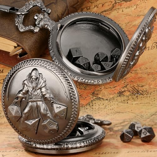 Mini DND Dice Set in Pocket Watch Case - 7 Polyhedral Metal Dice, Dark Silver