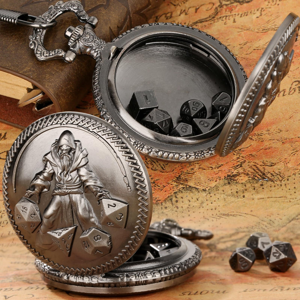 Mini DND Dice Set in Pocket Watch Case - 7 Polyhedral Metal Dice, Dark Silver