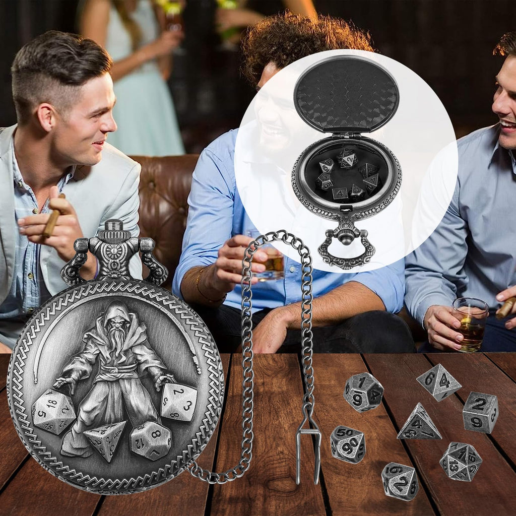 Mini DND Dice Set in Pocket Watch Case - 7 Polyhedral Metal Dice, Dark Silver