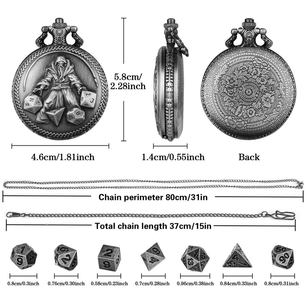 Mini DND Dice Set in Pocket Watch Case - 7 Polyhedral Metal Dice, Dark Silver