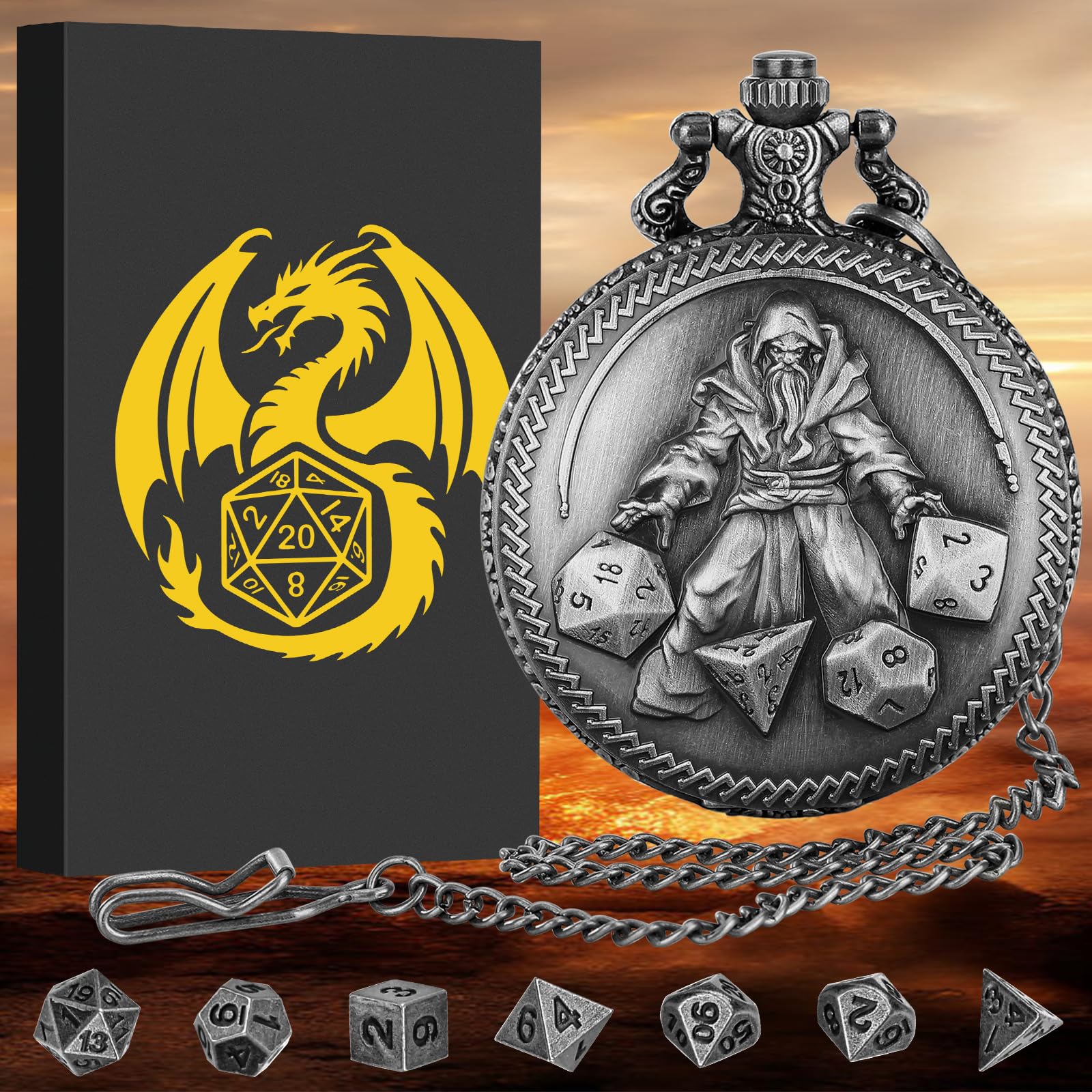 Mini DND Dice Set in Pocket Watch Case - 7 Polyhedral Metal Dice, Dark Silver