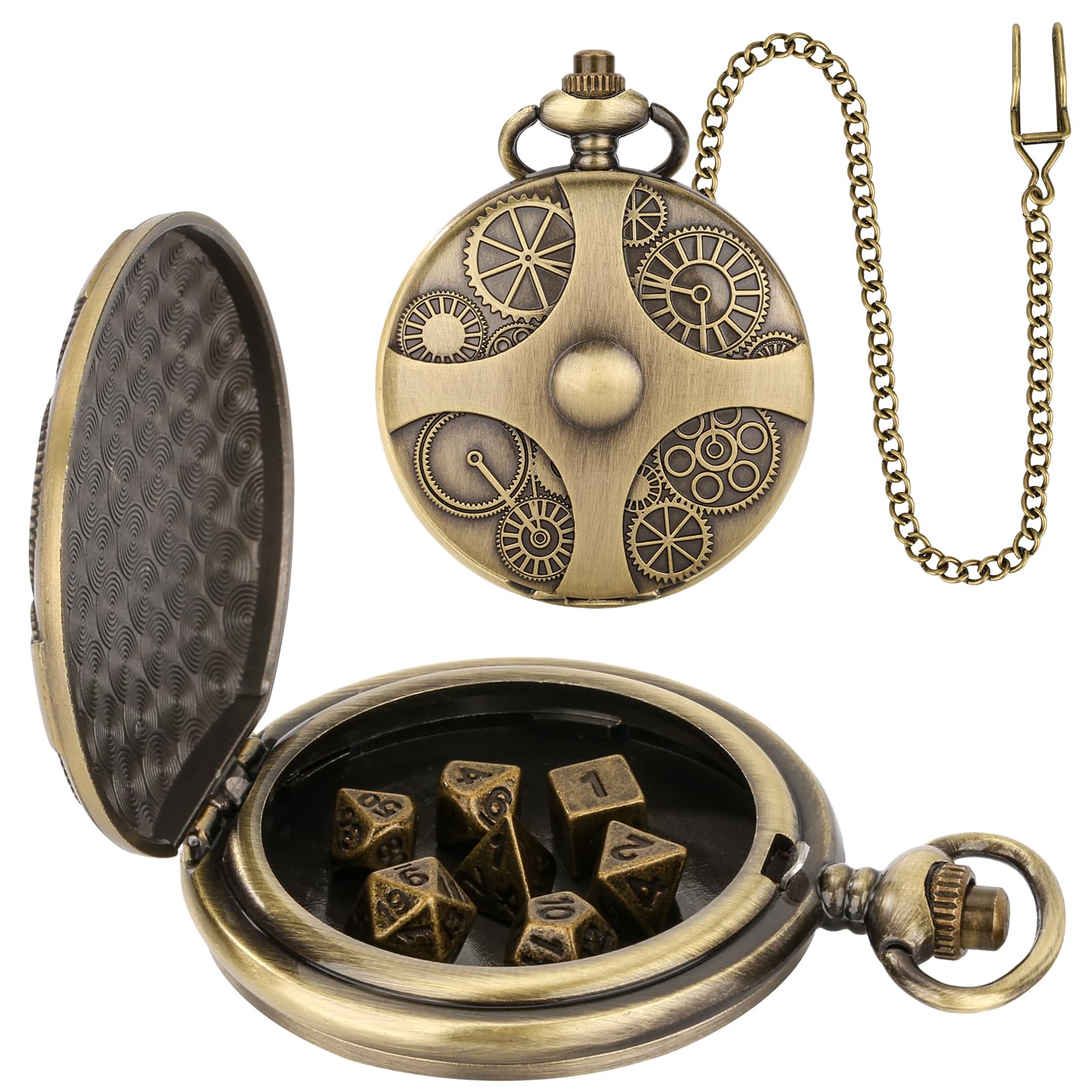 Mini DND Dice Set in Steampunk Pocket Watch Case - 7 Metal Polyhedral Dice with Gift Box