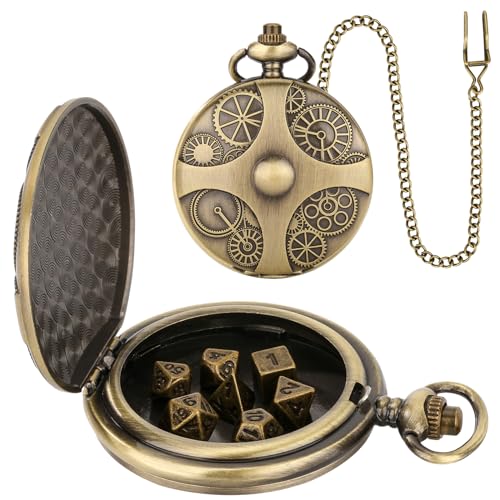 Mini DND Dice Set in Steampunk Pocket Watch Case - 7 Metal Polyhedral Dice with Gift Box