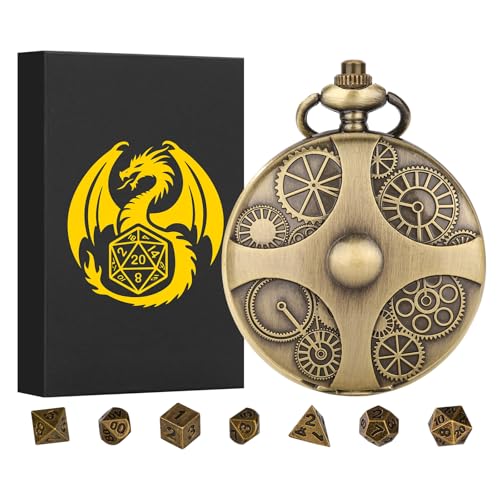 Mini DND Dice Set in Steampunk Pocket Watch Case - 7 Metal Polyhedral Dice with Gift Box
