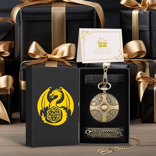 Mini DND Dice Set in Steampunk Pocket Watch Case - 7 Metal Polyhedral Dice with Gift Box