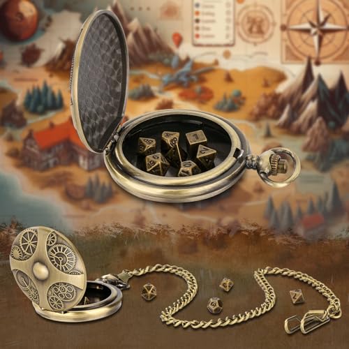 Mini DND Dice Set in Steampunk Pocket Watch Case - 7 Metal Polyhedral Dice with Gift Box
