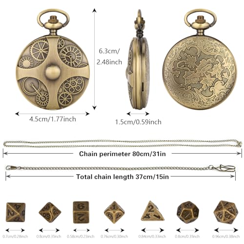 Mini DND Dice Set in Steampunk Pocket Watch Case - 7 Metal Polyhedral Dice with Gift Box